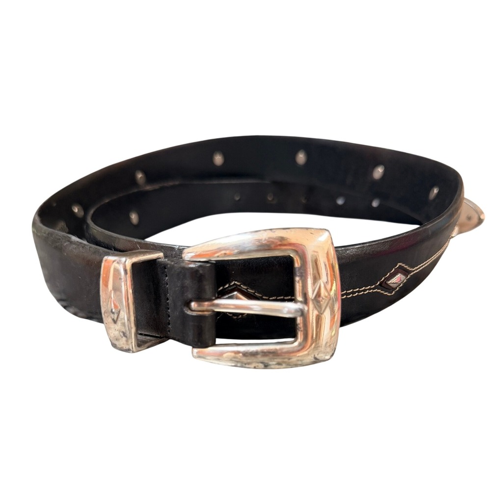 Brighton Denver Diamond Western Black Leather Studded Belt Silver Hardware 38